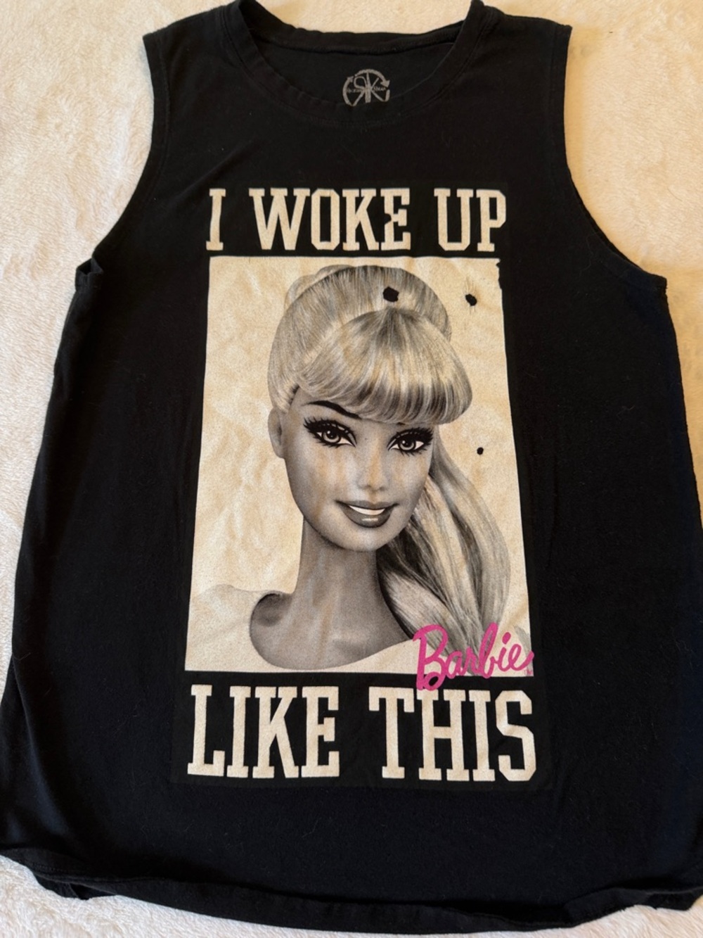 Barbie Black Tank with Pink Logo and Grayscale Portrait